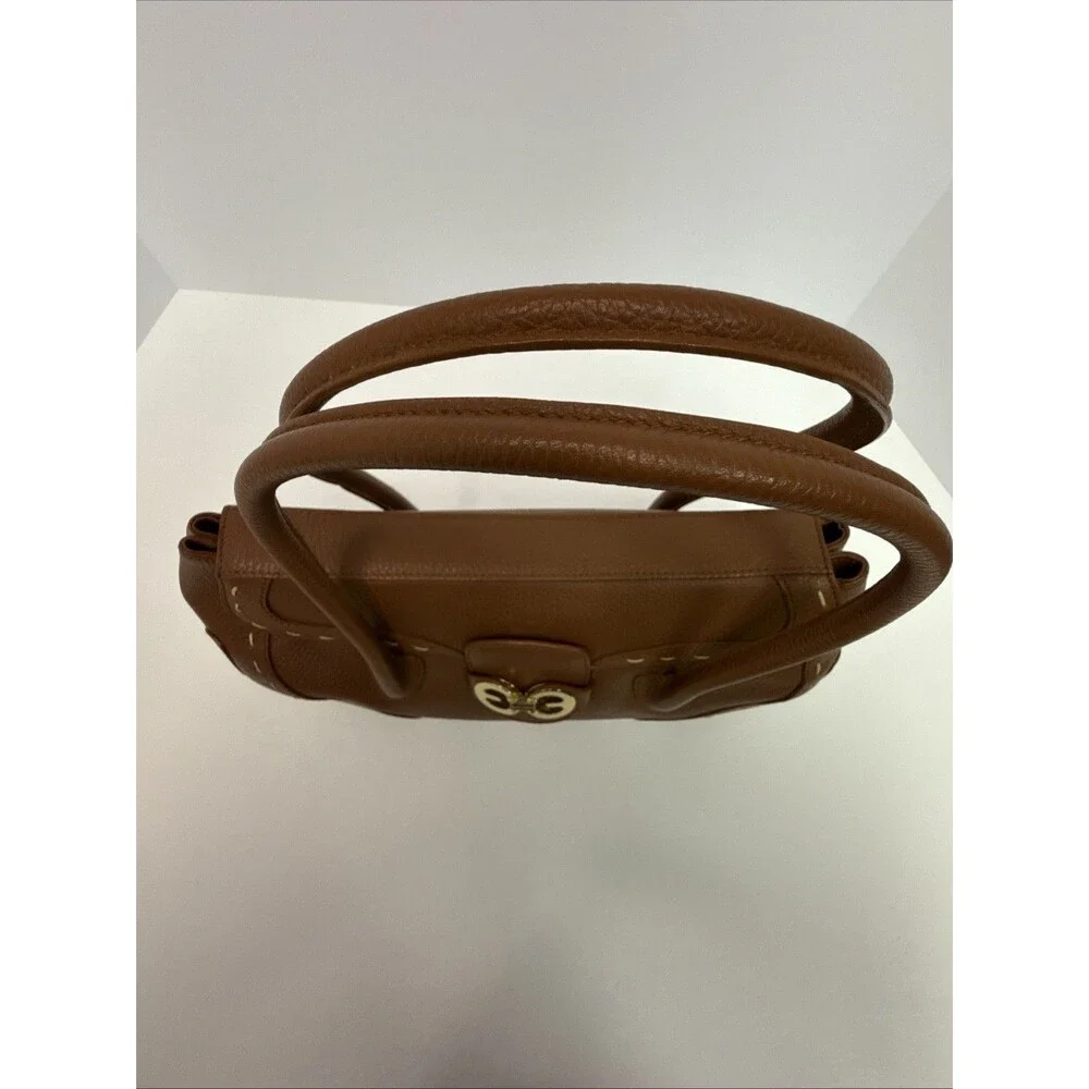 Escada Brown Pebble Leather Stitch Trim Front Flap Gold Hardware Satchel Handbag